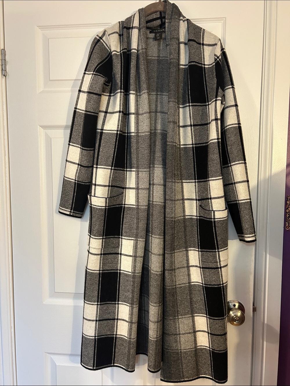 Tahari Black, White & Gray Plaid Long Open Cardigan